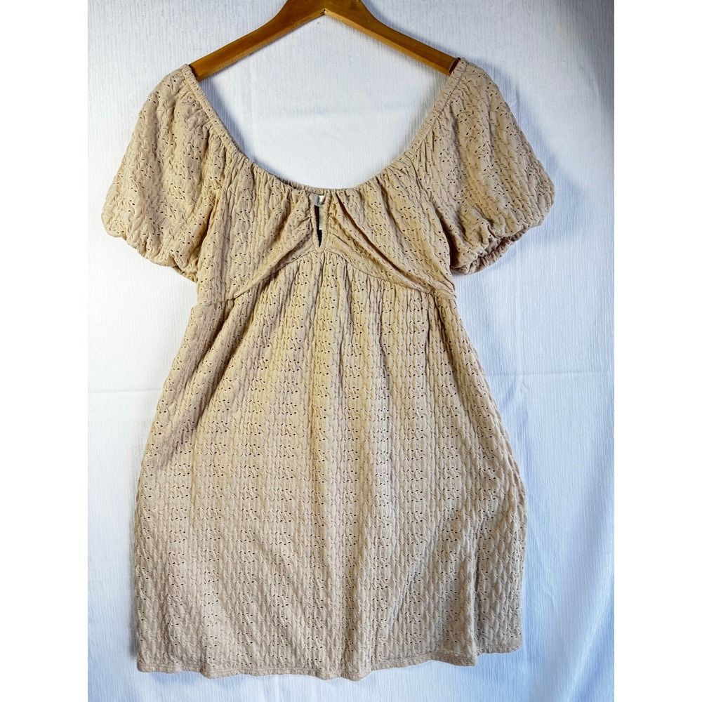 Urban Romantics Tan Eyelet Mini Dress Short Puff Sleeve L